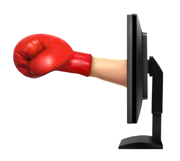 Monitor mit dem angreifenden Arm mit Boxhandschuhen vom Display — Stockvektor