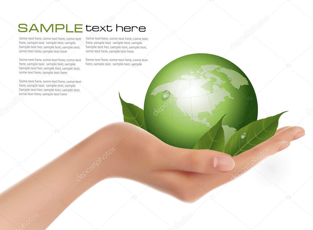 Human hand holding green globe with leaves Vector