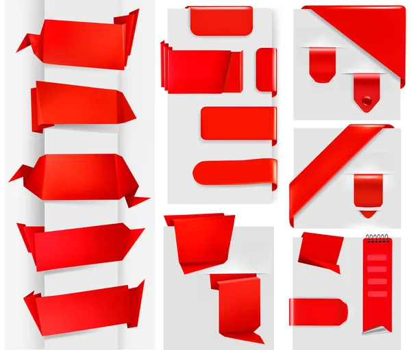 Büyük set kırmızı origami kağıt afiş ve çıkartmalar — Stok Vektör