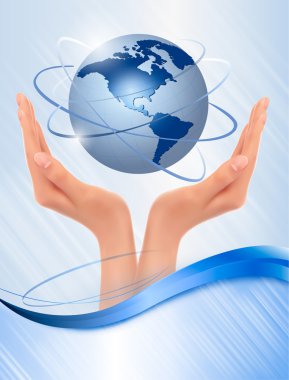 Background with hands holding globe Vector clipart