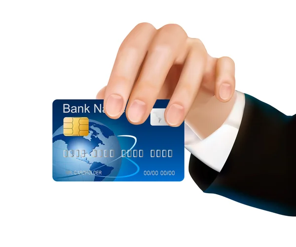 Cartão de crédito com chip na mão da mulher ilustração vetorial — Vetor de Stock