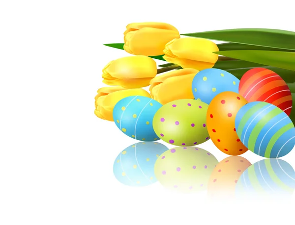 Fond de Pâques Oeufs de Pâques devant des tulipes jaunes Vecteur — Image vectorielle