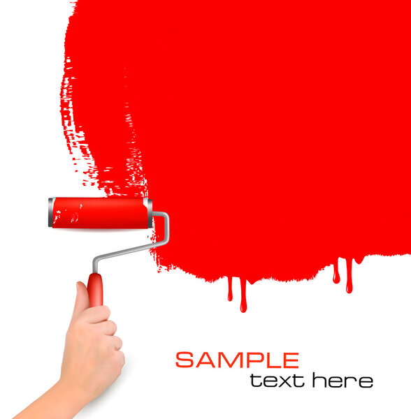 Hand with red roller painting the white wall Background vector