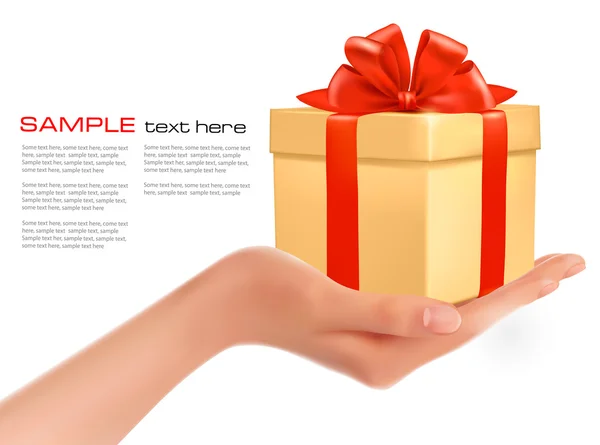 Caja de regalo en la mano con arco rojo y cintas vector — Vector de stock