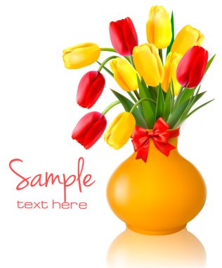 Spring flowers in a vase with a red bow and ribbons Easter vector background clipart