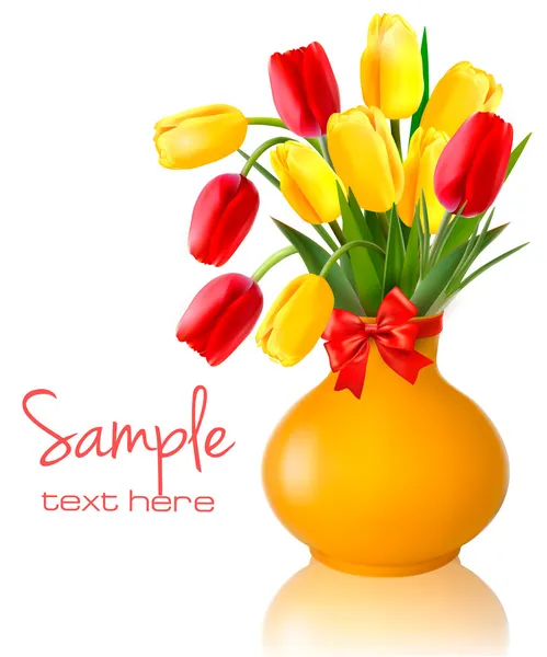 Tavaszi virágok a vázában egy piros íj és a szalagok húsvéti vector háttér — Stock Vector