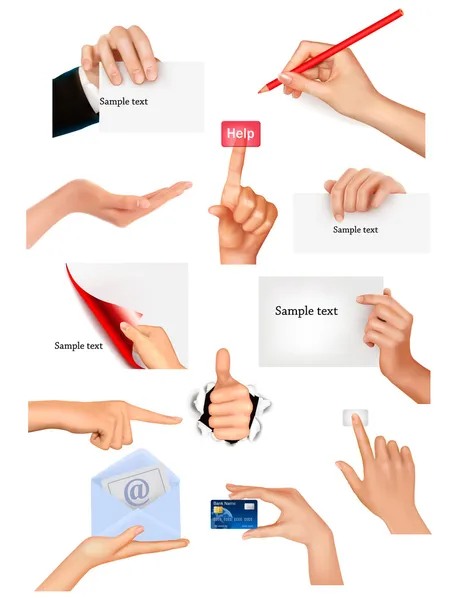 Set di mani che tengono diversi oggetti aziendali Illustrazione vettoriale — Vettoriale Stock