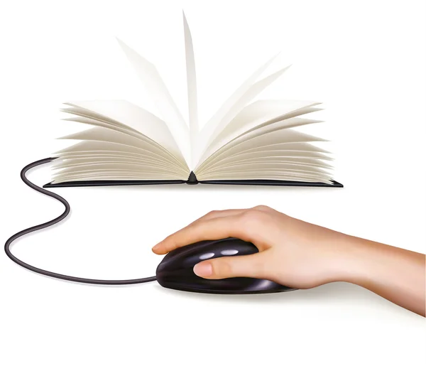 Χέρι με υπολογιστή ποντίκι και βιβλία εικονογράφηση φορέας — Διανυσματικό Αρχείο