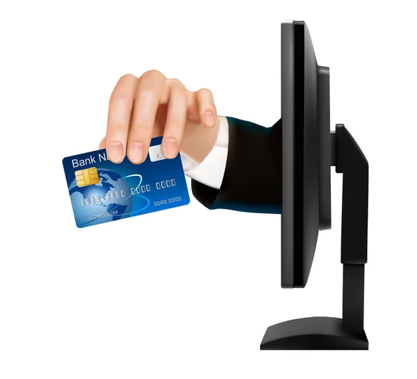 Creditcard met chip in hand van monitor vectorillustratie — Stockvector