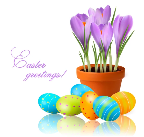 Flores frescas da primavera com ovos de Páscoa Ilustração vetorial — Vetor de Stock