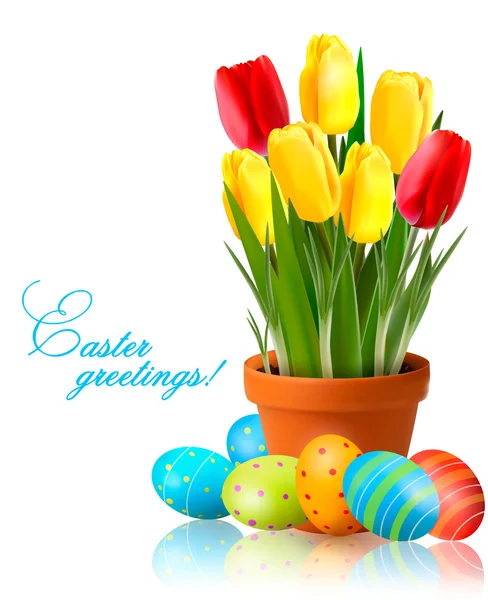 Fiori freschi di primavera con uova di Pasqua Illustrazione vettoriale — Vettoriale Stock