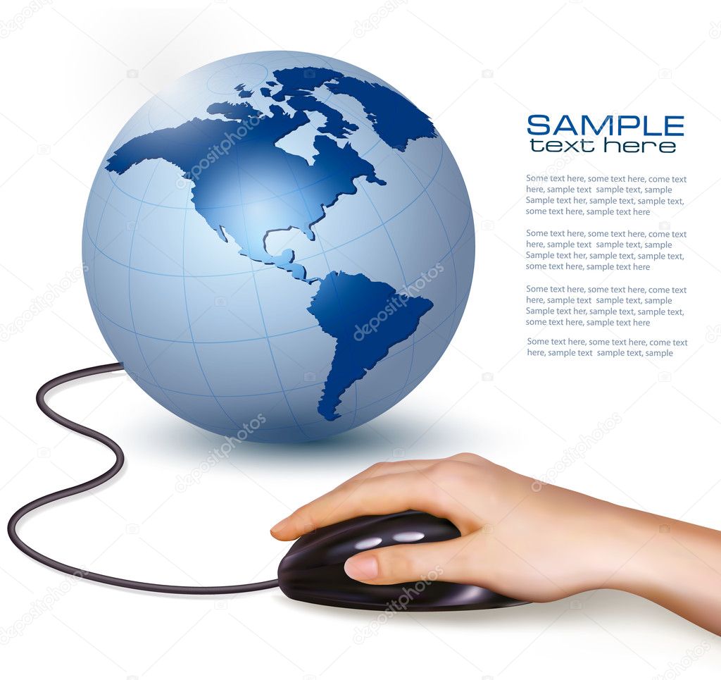 Hand with computer mouse and globe Vector illustration