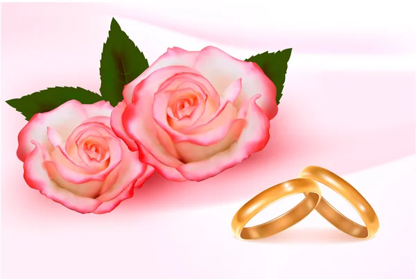 Anillos de boda de oro delante de tres rosas rosadas Vector — Vector de stock