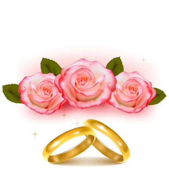 Anillos de boda de oro delante de tres rosas rosadas Vector — Archivo Imágenes Vectoriales