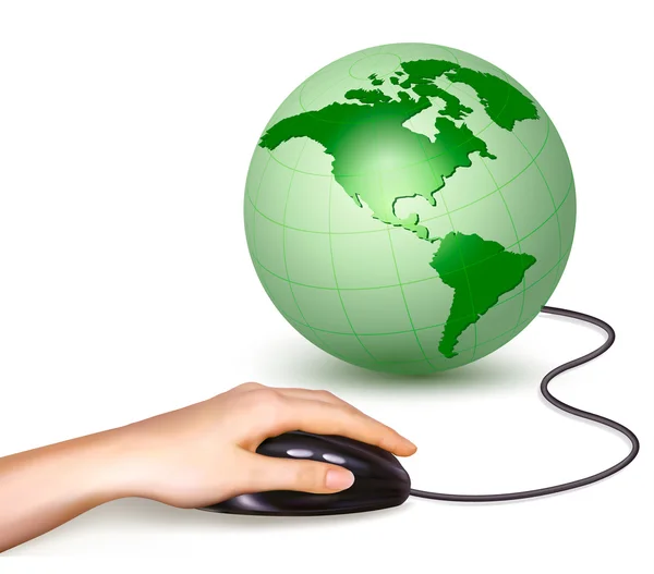 Mano con mouse per computer e globo verde Illustrazione vettoriale — Vettoriale Stock