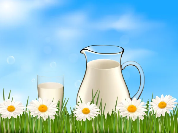 Bicchiere di latte e barattolo su uno sfondo con margherita — Vettoriale Stock