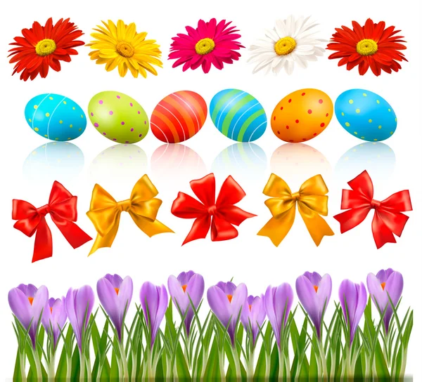 Gran conjunto de Pascua con flores de huevos tradicionales y lazo y cintas — Vector de stock