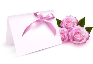 Greeting card with beauty roses and pink bow. Vector illustration. clipart