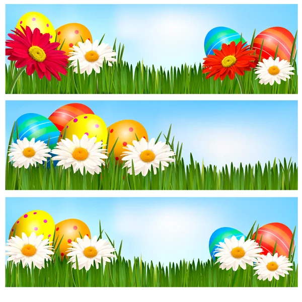 Osterbanner mit Ostereiern und bunten Blumen. Vektorillustration. — Stockvektor