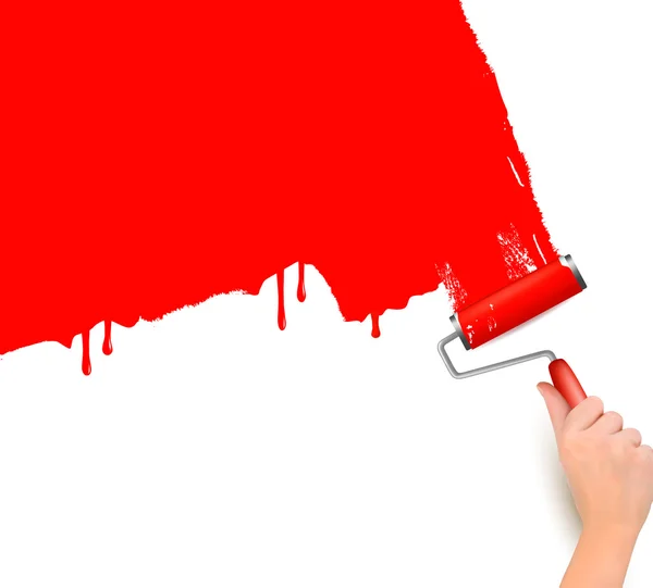 흰색 벽 배경 벡터 그림 빨간 롤러와 손으로 — 스톡 벡터