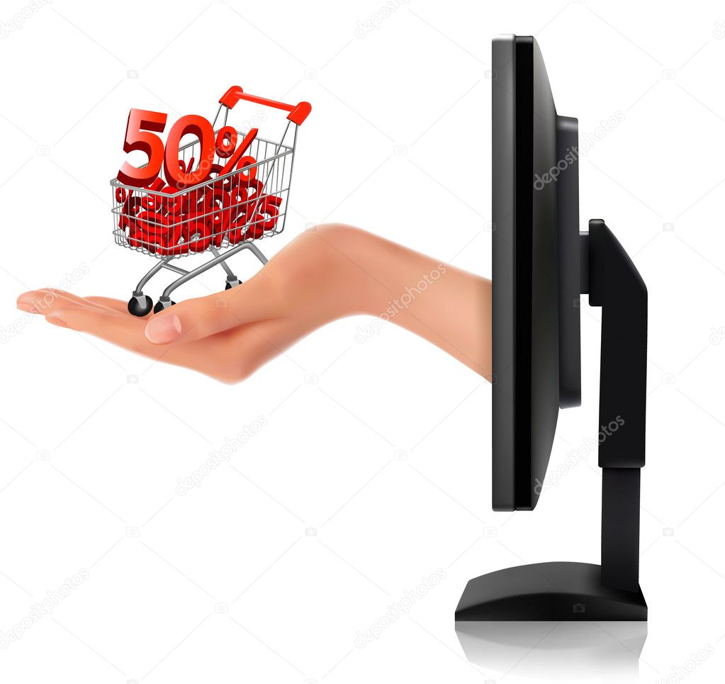 Hand from a monitor with shopping cart full of sales Concept of discount Vector