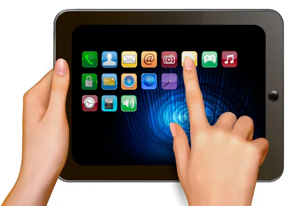 Hand hält digitalen Tablet-Computer mit Icons Vektorillustration — Stockvektor