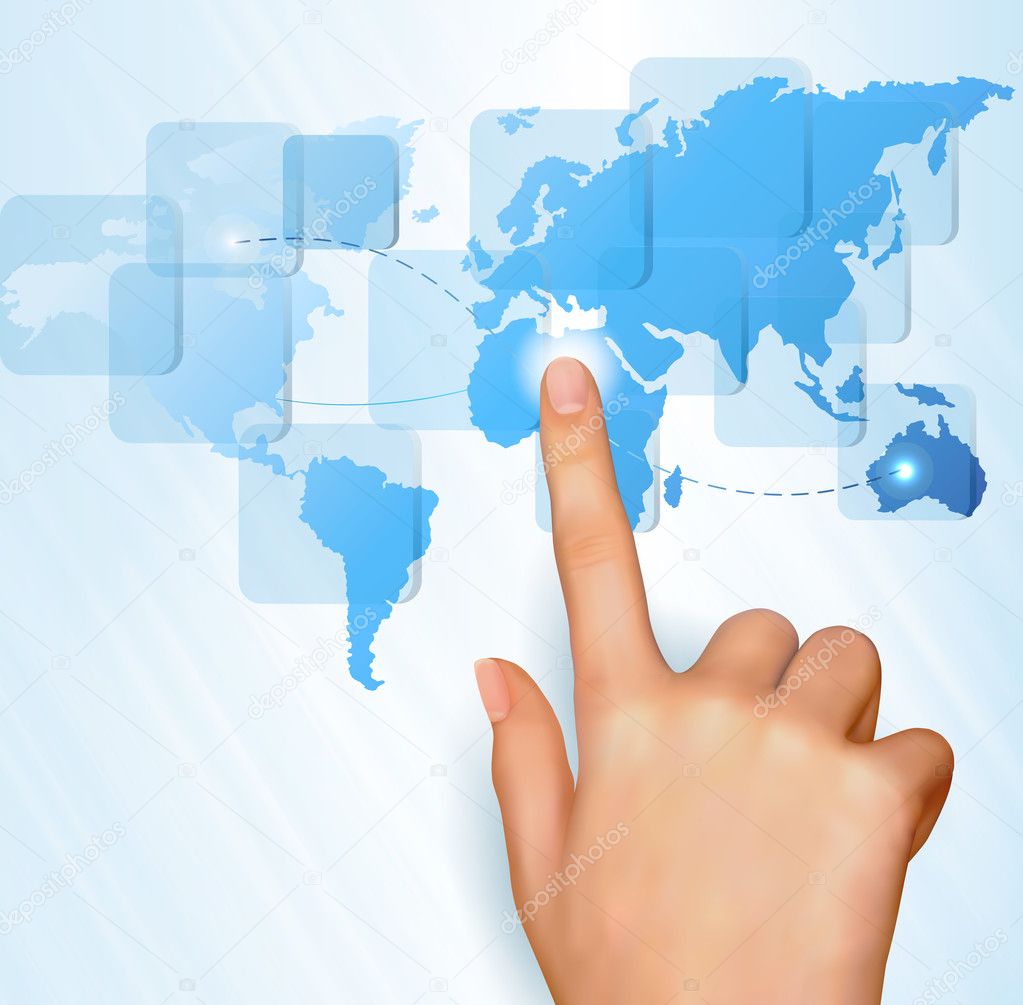 Finger touching world map on a touch screen Vector