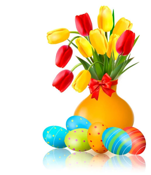 Flores de colores primaverales en un jarrón con huevos de Pascua. Pascua vector fondo — Vector de stock