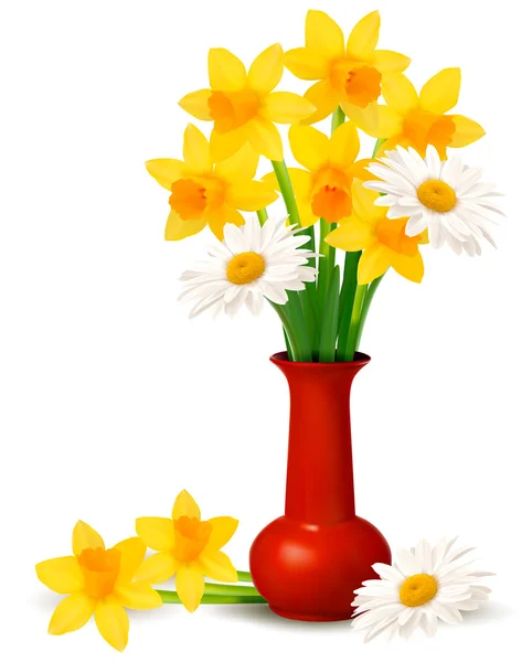 Primavera flores coloridas em um vaso com ovos de Páscoa fundo vetor de Páscoa — Vetor de Stock