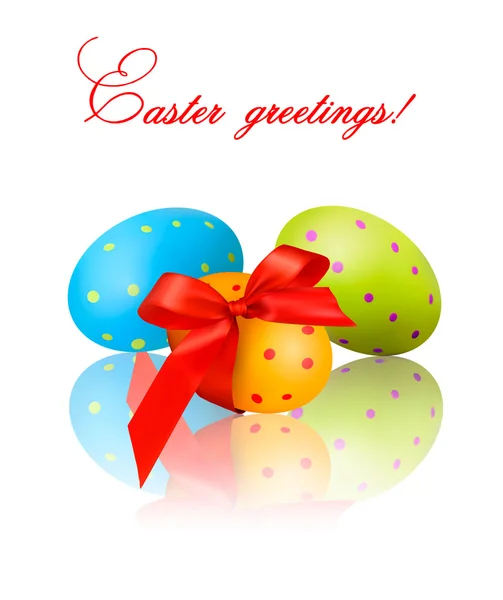 Uova di Pasqua colorate con fiocco rosso e nastri Vettore — Vettoriale Stock