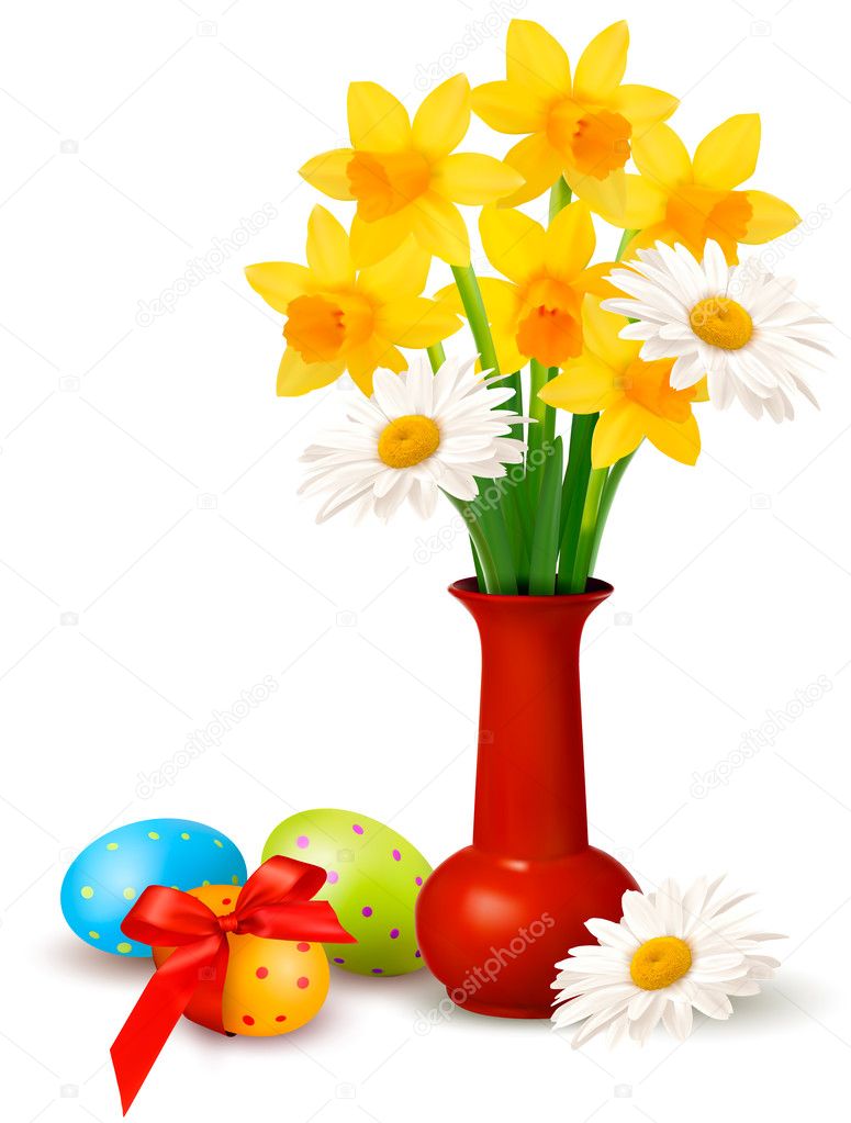 Spring colorful flowers in a vase with Easter eggs Easter vector background