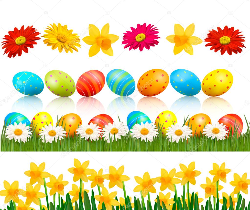 Big Easter set with traditional eggs and flowers Vector