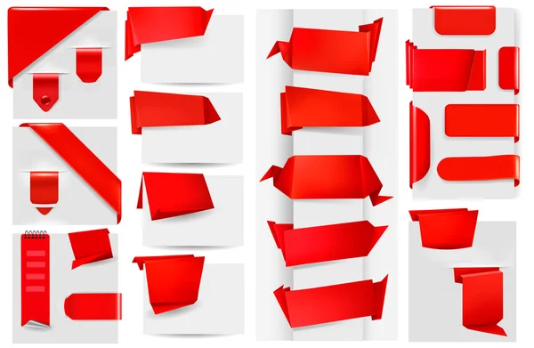 Gran colección de banderas de papel en origami rojo y pegatinas. Ilustración vectorial . — Vector de stock