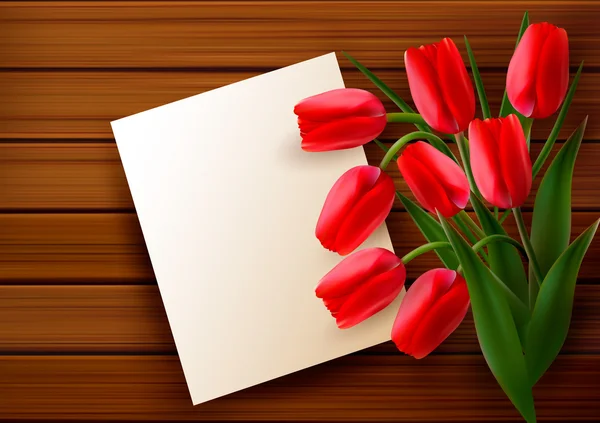 Red tulips and blank card on old wooden board. Vector. — Stock Vector