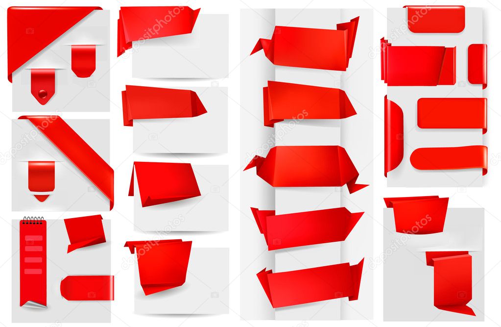 Big collection of red origami paper banners and stickers. Vector illustration.