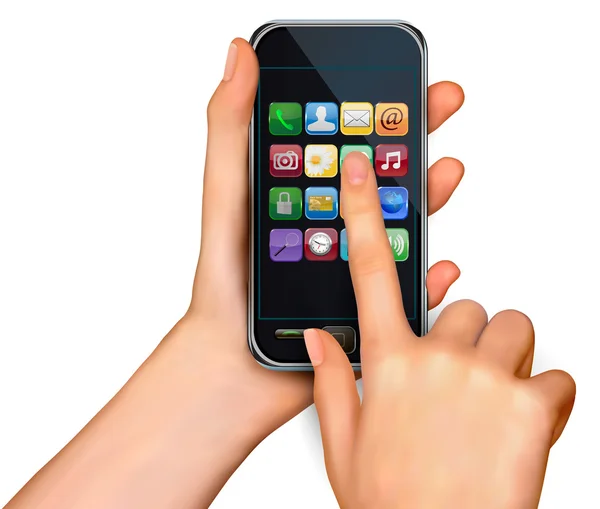 Unas manos sosteniendo la pantalla táctil del teléfono móvil con iconos Vector — Vector de stock