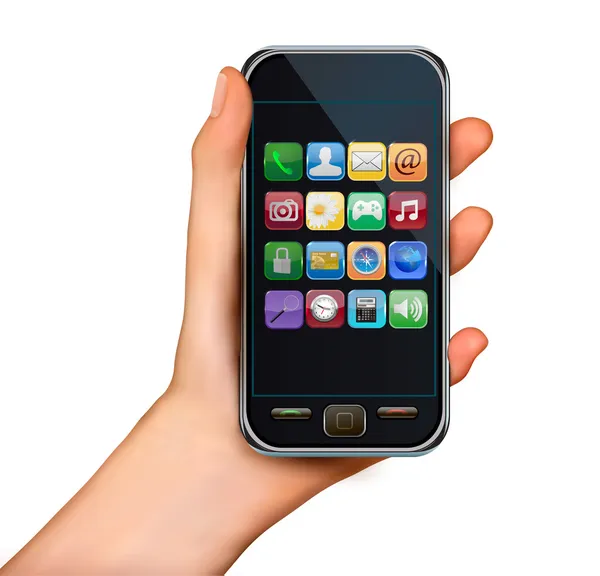 Un telefono cellulare touchscreen con le mani con le icone Vector — Vettoriale Stock