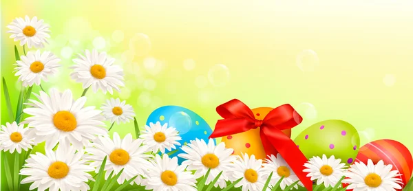Sfondo pasquale con uova di Pasqua e fiori primaverili Illustrazione vettoriale — Vettoriale Stock