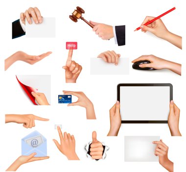 Set of hands holding different business objects. Vector illustration clipart