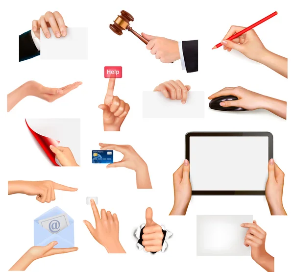 Ein Satz Hände, die verschiedene Geschäftsobjekte halten. Vektorillustration — Stockvektor