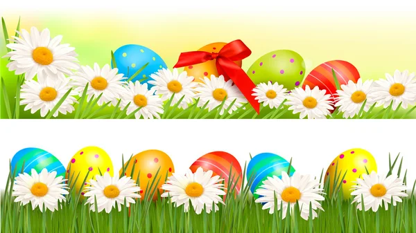Duas bordas de Páscoa com ovos de Páscoa e flores de primavera Vetor — Vetor de Stock