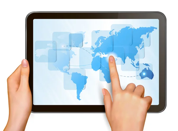 Mappa del mondo toccante con un dito su un vettoriale touch screen — Vettoriale Stock