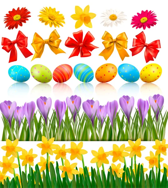 Gran set de Pascua con huevos tradicionales flores y lazo y cintas Vector — Vector de stock