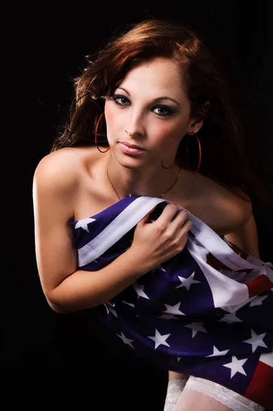 Ragazza con bandiera americana — Foto Stock