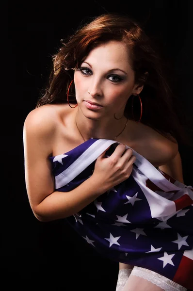 미국 국기와 소녀 스톡 사진