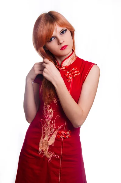 Chinese girl in red dress — Stock Photo, Image