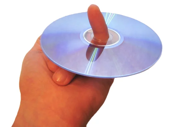 Compact Disk und männlicher Finger isoliert — Stockfoto