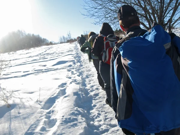 Echipa de turiști merge pe drumul cel bun. Caucas de iarnă — Fotografie, imagine de stoc