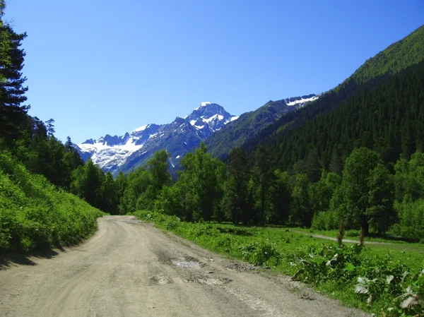 Droga prowadzi blisko snowy góry — Zdjęcie stockowe