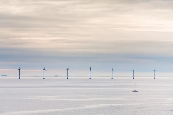 Морская ветряная электростанция ранним утром — стоковое фото